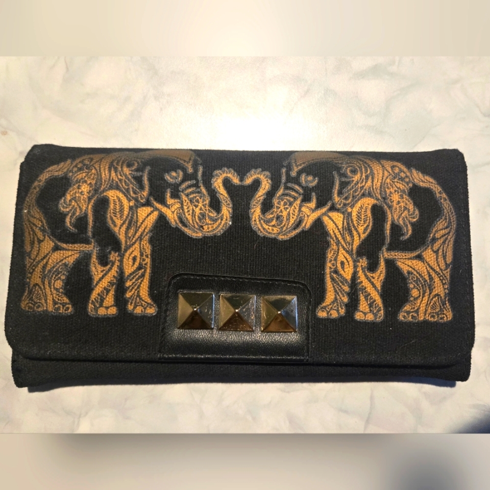 Black and Gold Elephant Clutch Wallet Trifold Linen